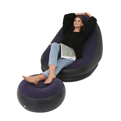 Lazy Sofa Inflatable PVC Flocking Foldable Recliner Outdoor Convenient Lying Chair with Footstool Plush Sofa Beach Park Air Bed